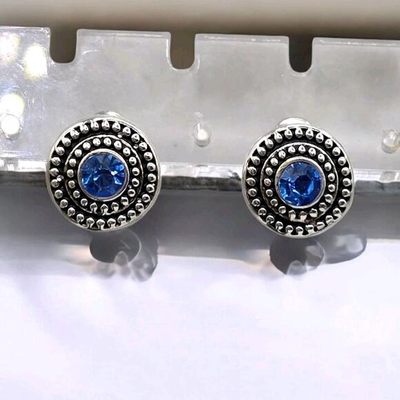 Dotted Roped Edged Earrings Light Blue Rhinestones Minimalist Small Silver Tone - Picture 1 of 7